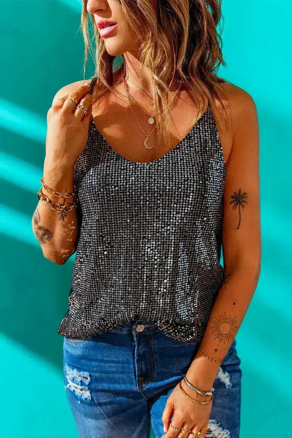 Gray Sequin Spaghetti straps Tank Top - Femstylo