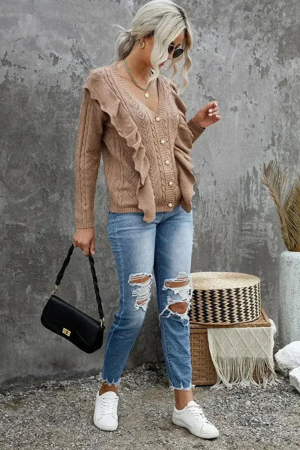 Khaki Ruffled Buttoned Open Front V Neck Knitted Sweater - Femstylo