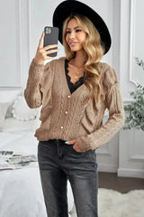 Khaki Ruffled Buttoned Open Front V Neck Knitted Sweater - Femstylo