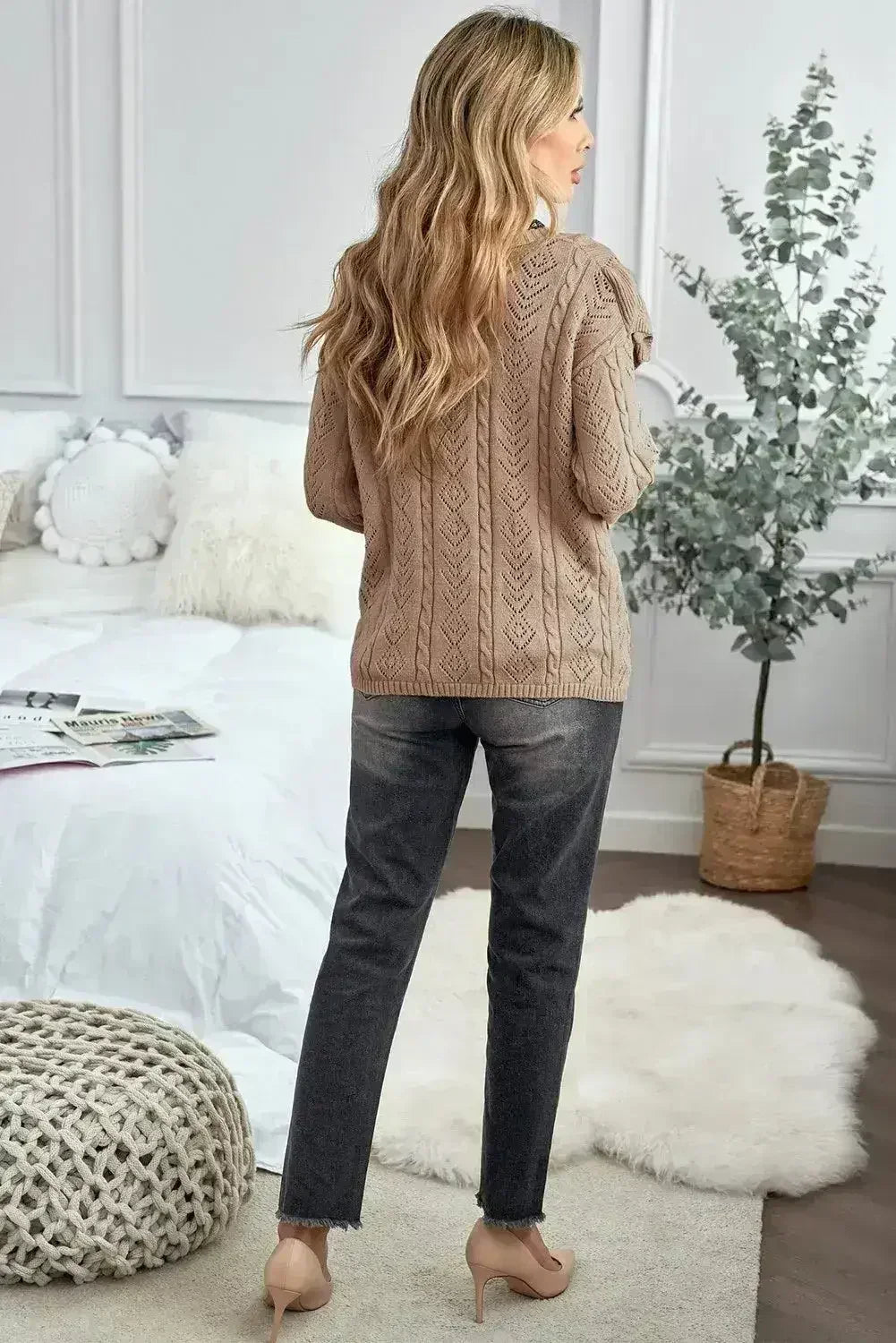 Khaki Ruffled Buttoned Open Front V Neck Knitted Sweater - Femstylo