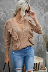 Khaki Ruffled Buttoned Open Front V Neck Knitted Sweater - Femstylo