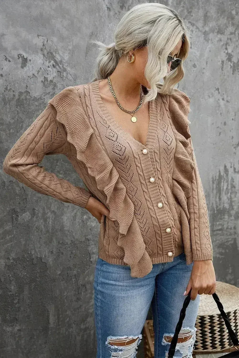 Khaki Ruffled Buttoned Open Front V Neck Knitted Sweater - Femstylo