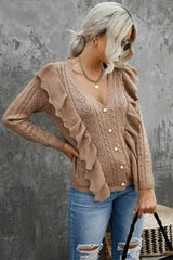 Khaki Ruffled Buttoned Open Front V Neck Knitted Sweater - Femstylo