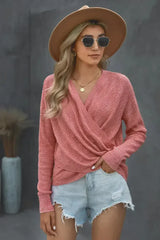Women's Pink Deep V-neck Long Sleeve Knit Sweater - Femstylo