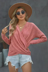Women's Pink Deep V-neck Long Sleeve Knit Sweater - Femstylo