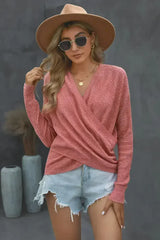 Women's Pink Deep V-neck Long Sleeve Knit Sweater - Femstylo