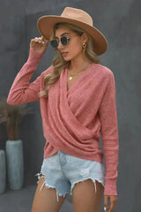 Women's Pink Deep V-neck Long Sleeve Knit Sweater - Femstylo