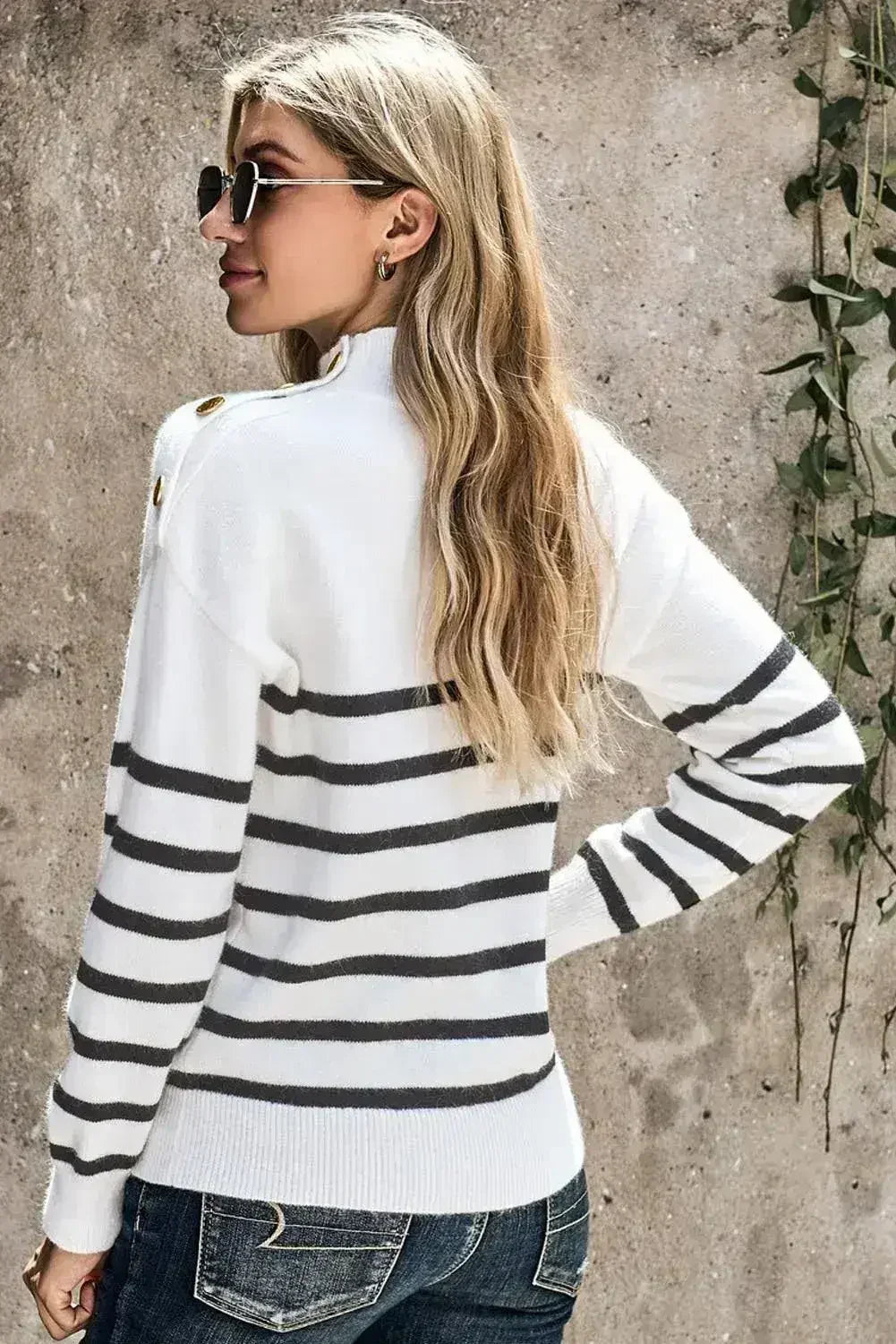 Winter White Striped Turtleneck Long Sleeve Sweater with Buttons - Femstylo