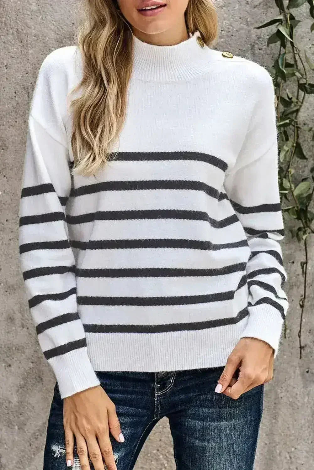 Winter White Striped Turtleneck Long Sleeve Sweater with Buttons - Femstylo