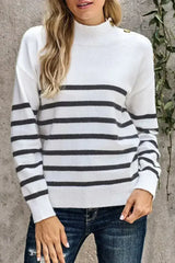 Winter White Striped Turtleneck Long Sleeve Sweater with Buttons - Femstylo