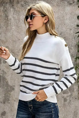 Winter White Striped Turtleneck Long Sleeve Sweater with Buttons - Femstylo