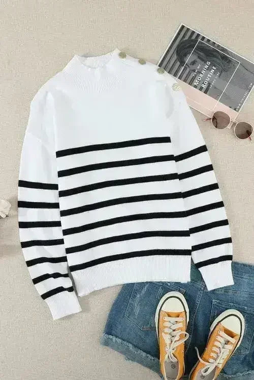 Winter White Striped Turtleneck Long Sleeve Sweater with Buttons - Femstylo