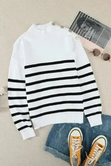Winter White Striped Turtleneck Long Sleeve Sweater with Buttons - Femstylo