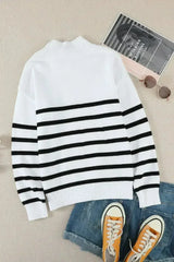 Winter White Striped Turtleneck Long Sleeve Sweater with Buttons - Femstylo
