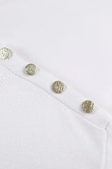 Winter White Striped Turtleneck Long Sleeve Sweater with Buttons - Femstylo