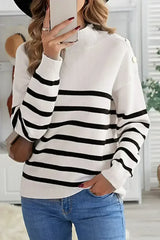 Winter White Striped Turtleneck Long Sleeve Sweater with Buttons - Femstylo