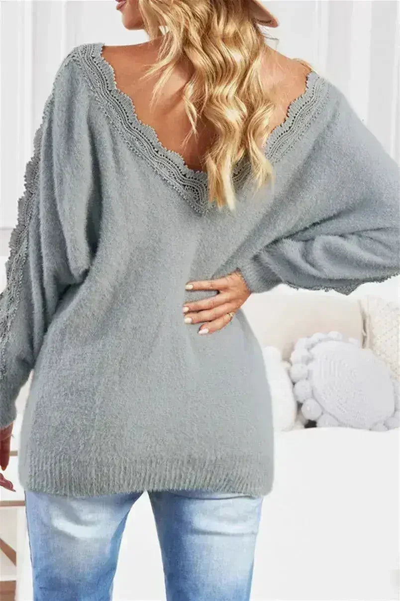 Gray Lace Splicing Sweater - Femstylo