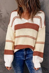 Beige Red Striped Sweater - Femstylo