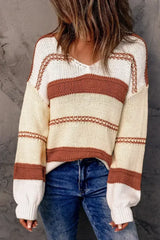 Beige Red Striped Sweater - Femstylo