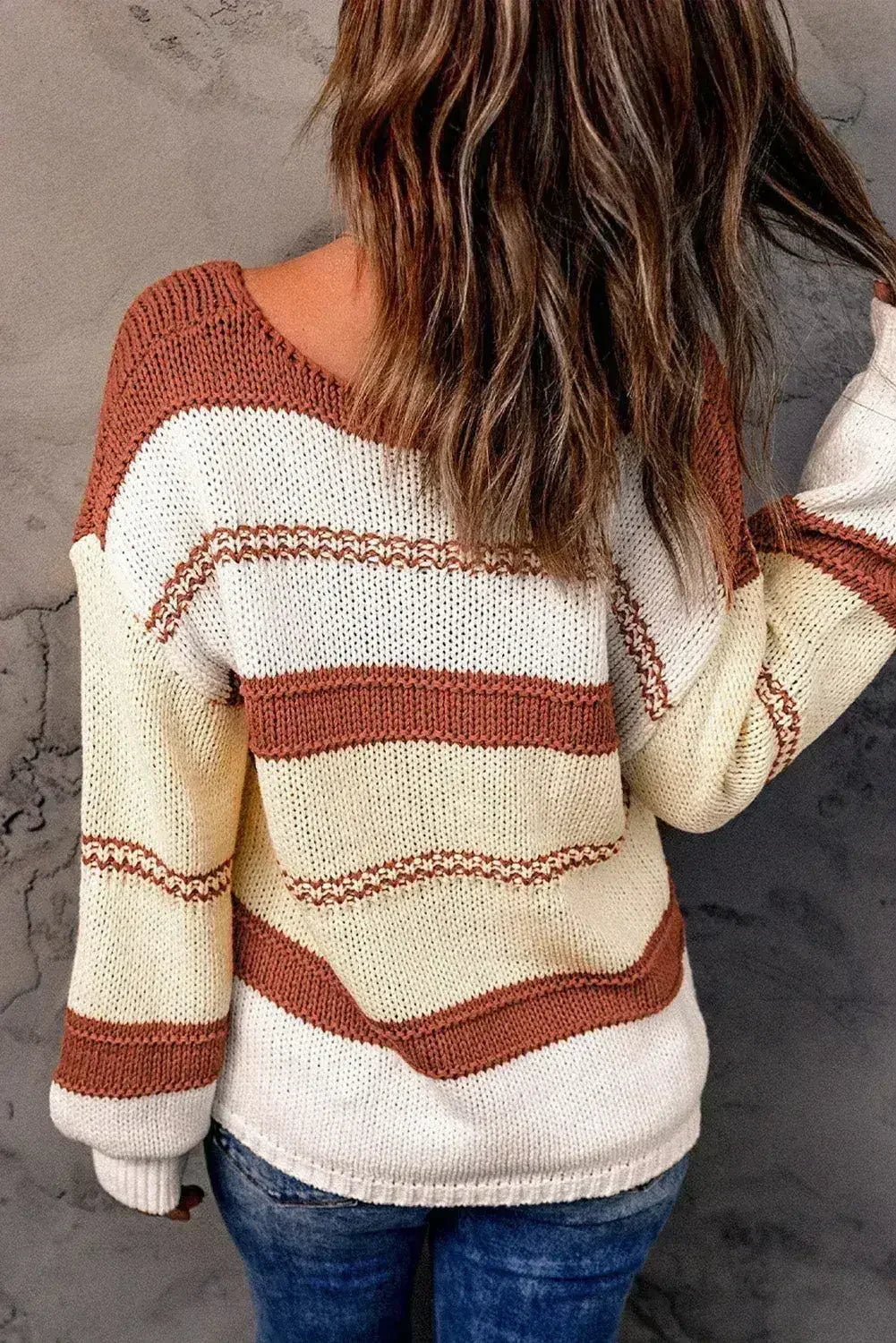 Beige Red Striped Sweater - Femstylo