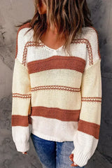 Beige Red Striped Sweater - Femstylo