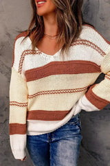 Beige Red Striped Sweater - Femstylo