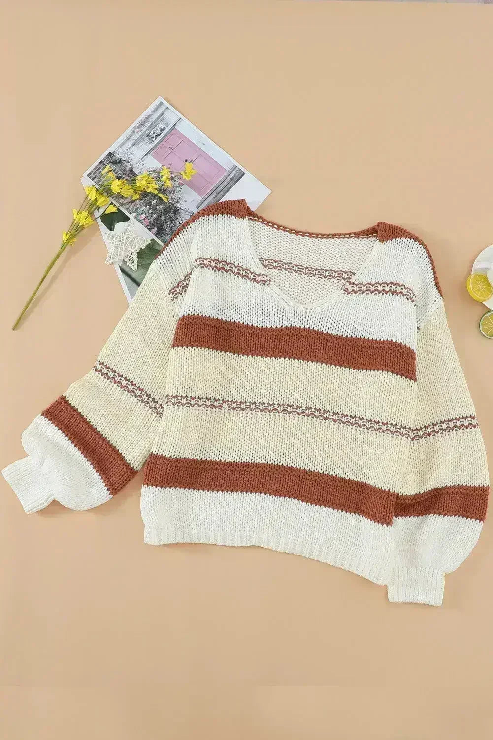 Beige Red Striped Sweater - Femstylo