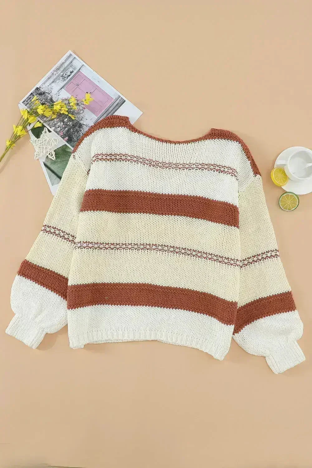 Beige Red Striped Sweater - Femstylo