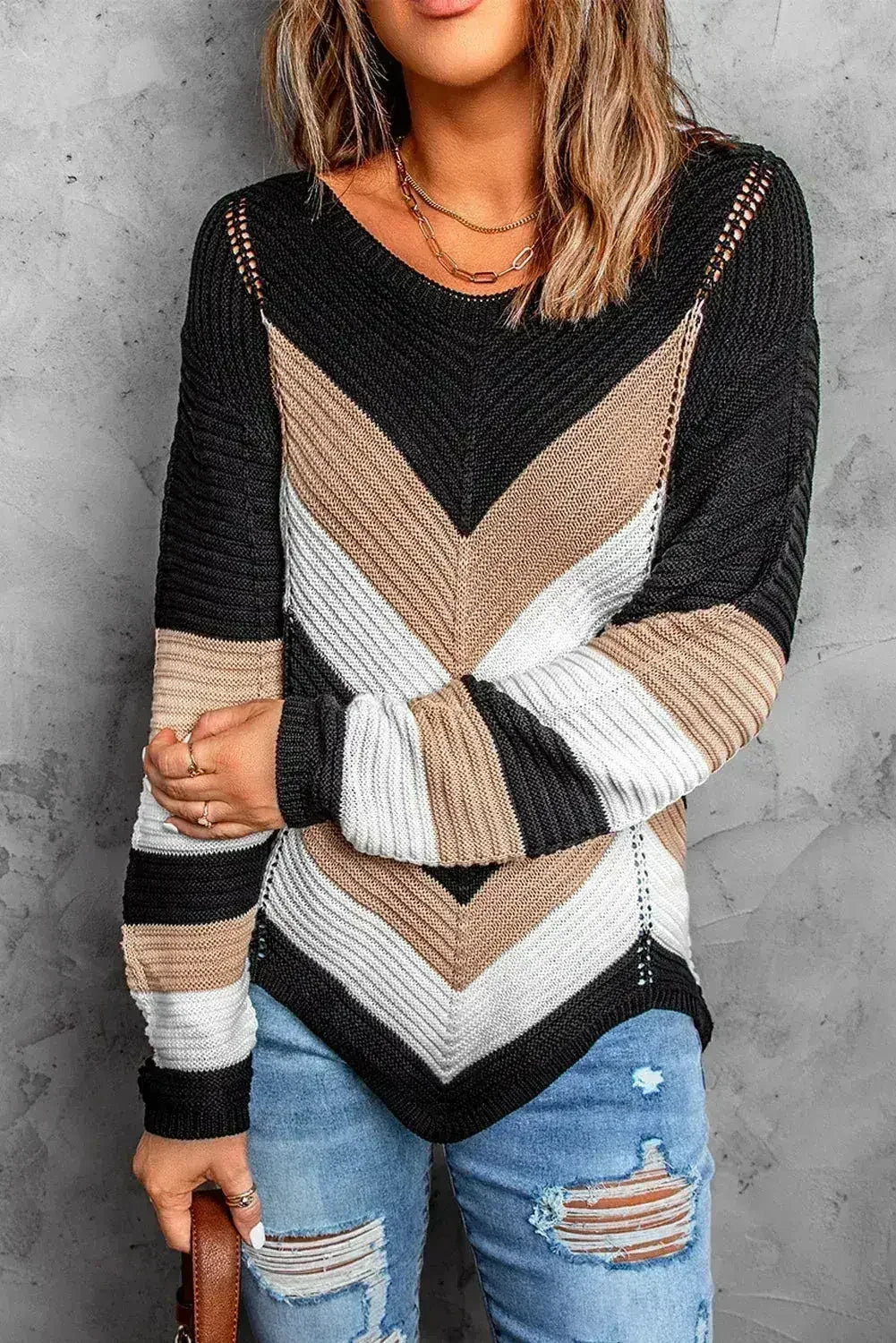 Chevron Colorblock Knit Sweater - Femstylo