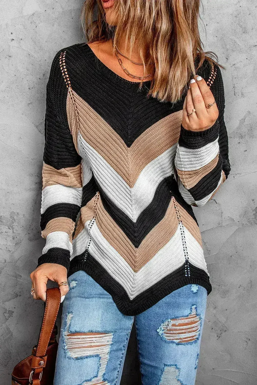 Chevron Colorblock Knit Sweater - Femstylo