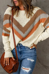 Beige Chevron Striped Sweater - Femstylo