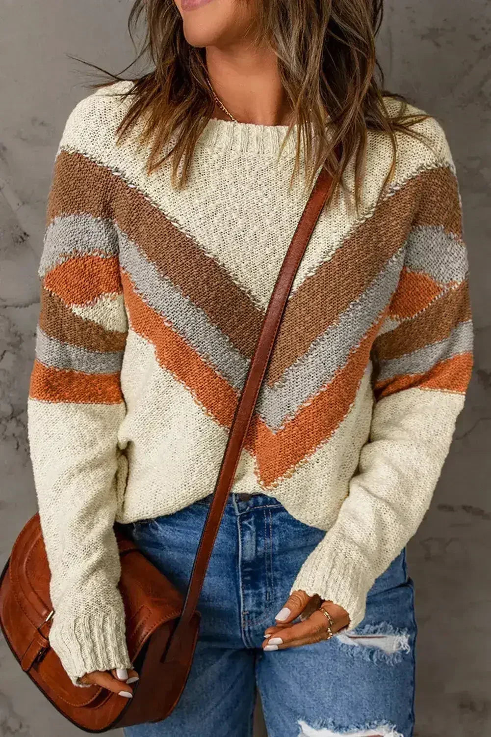 Beige Chevron Striped Sweater - Femstylo
