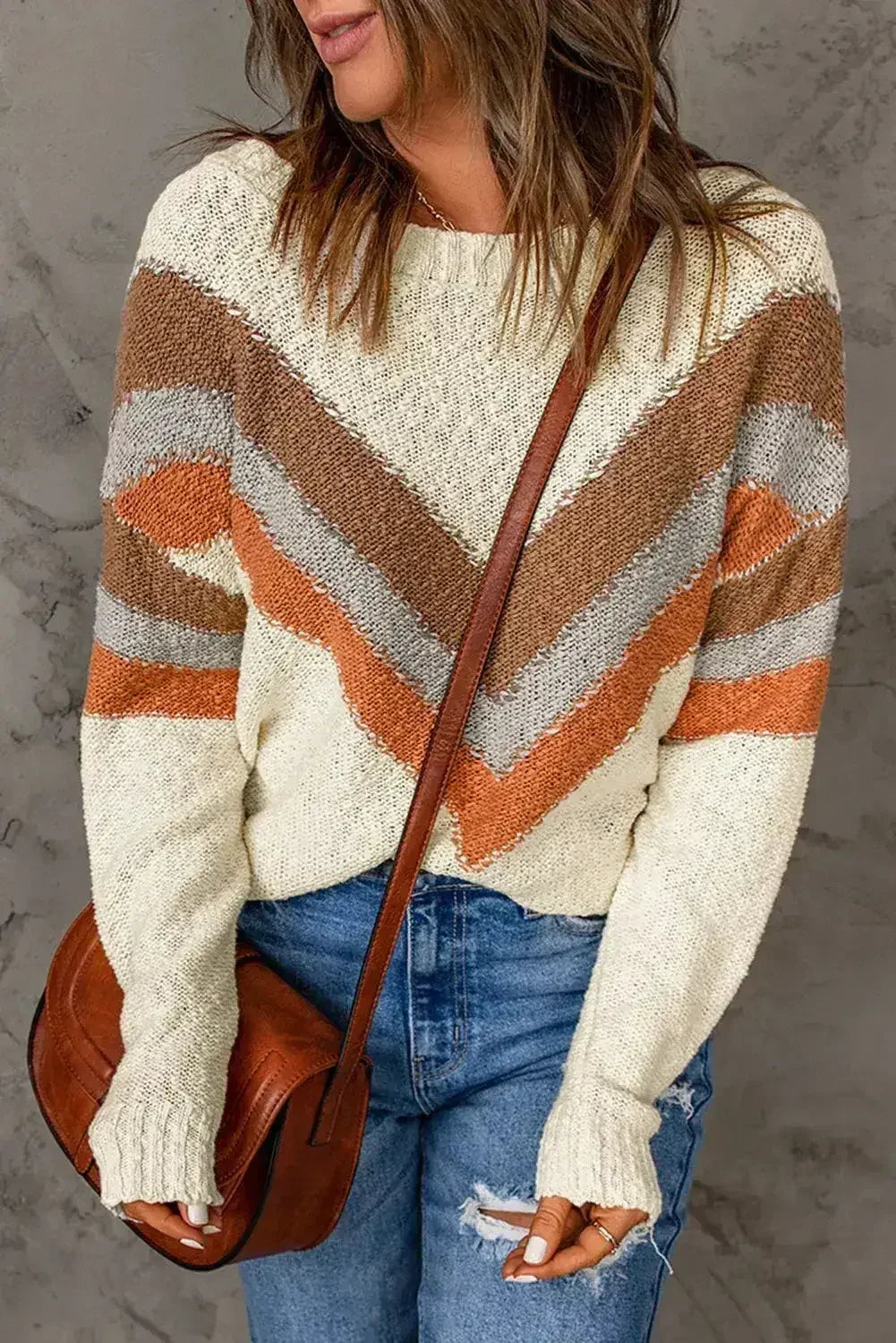 Beige Chevron Striped Sweater - Femstylo