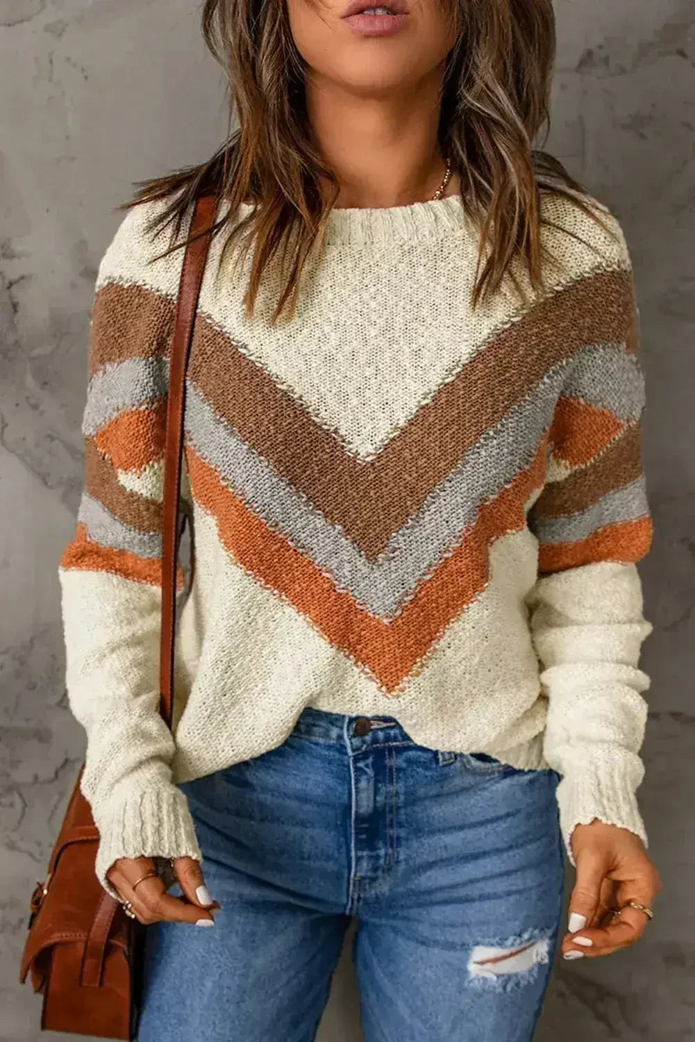 Beige Chevron Striped Sweater - Femstylo