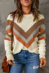 Beige Chevron Striped Sweater - Femstylo