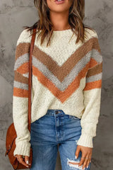 Beige Chevron Striped Sweater - Femstylo