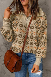 Khaki Aztec Zipped Sweater - Femstylo