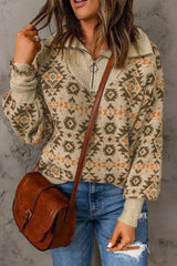 Khaki Aztec Zipped Sweater - Femstylo