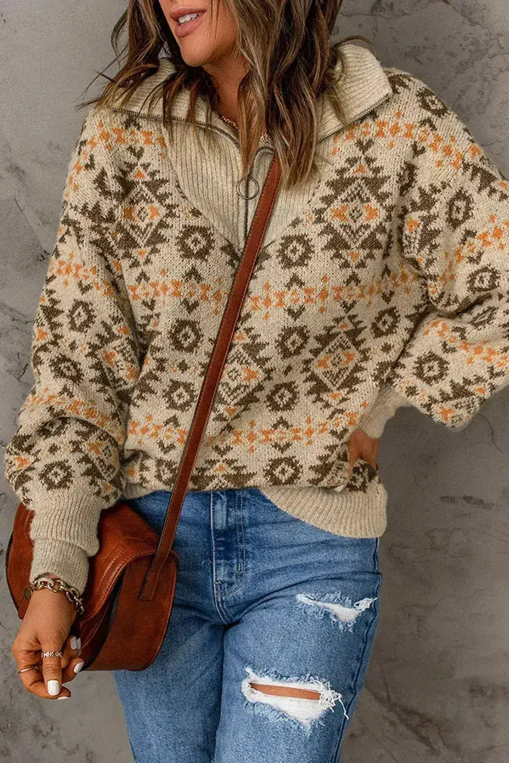 Khaki Aztec Zipped Sweater - Femstylo