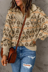 Khaki Aztec Zipped Sweater - Femstylo