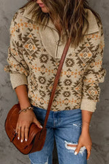 Khaki Aztec Zipped Sweater - Femstylo