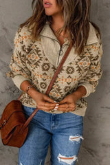 Khaki Aztec Zipped Sweater - Femstylo