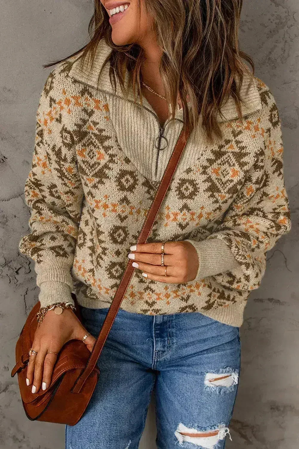 Khaki Aztec Zipped Sweater - Femstylo