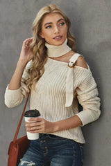 Women's Apricot Strapped Cut out Shoulder Turtleneck Sweater - Femstylo