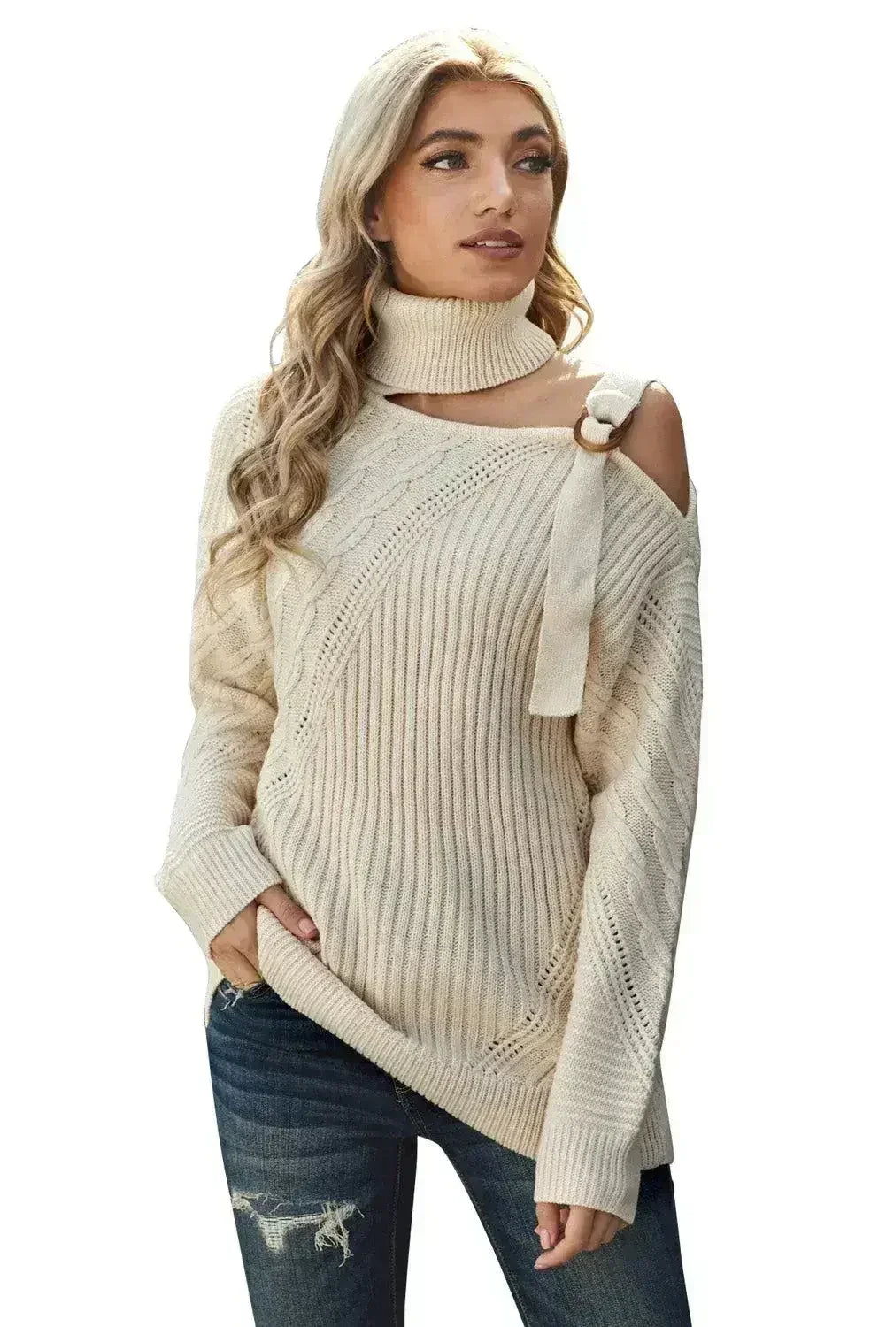 Women's Apricot Strapped Cut out Shoulder Turtleneck Sweater - Femstylo