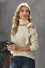 Women's Apricot Strapped Cut out Shoulder Turtleneck Sweater - Femstylo