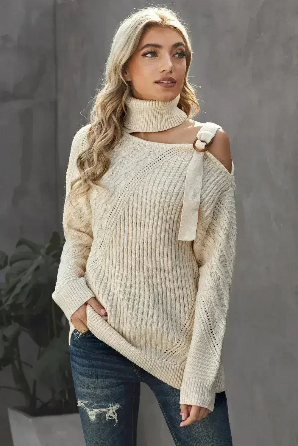 Women's Apricot Strapped Cut out Shoulder Turtleneck Sweater - Femstylo