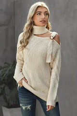 Women's Apricot Strapped Cut out Shoulder Turtleneck Sweater - Femstylo