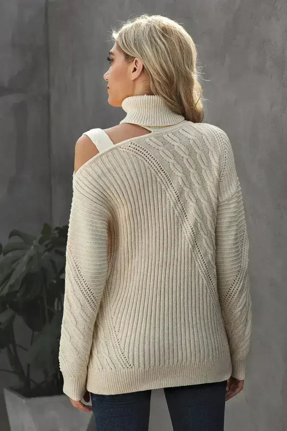 Women's Apricot Strapped Cut out Shoulder Turtleneck Sweater - Femstylo