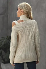 Women's Apricot Strapped Cut out Shoulder Turtleneck Sweater - Femstylo